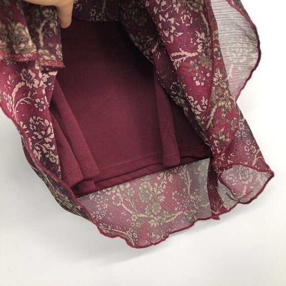 Burgundy Floral Chiffon flowy tunic scoop neck Short Sleeve Blouse size ~M - Picture 6 of 14